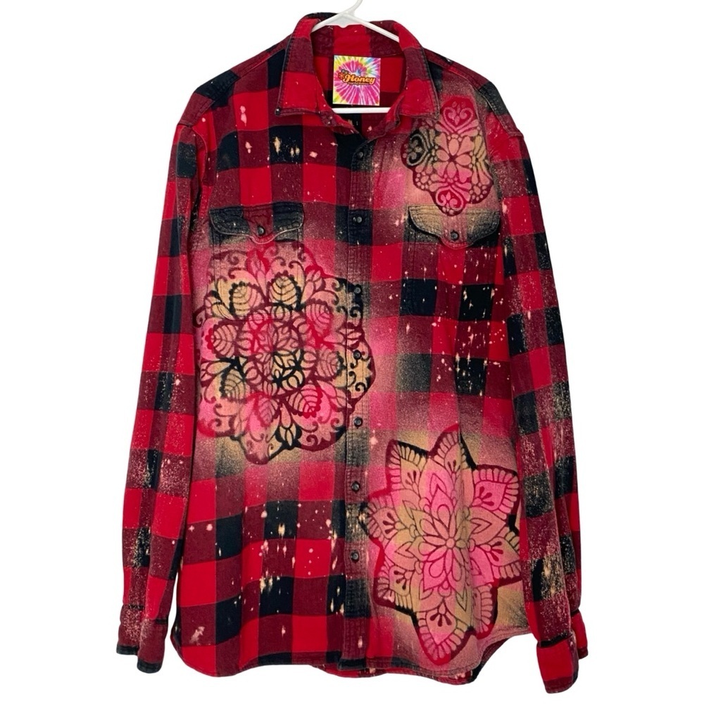 Handmade Floral Flannel Shirt Mens Size 3XL Unisex Bleached Plaid Button Down